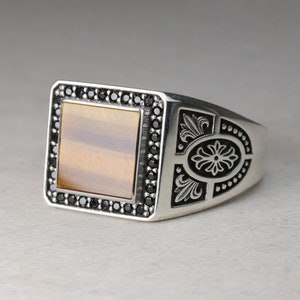 Tiger eye 12X12 Square Stone Signet Men&#39;s Ring, Fleur de Lis design, Turquoise, Black Onyx, Carnelian, Mother Of Pearl, Sterling Silver 925