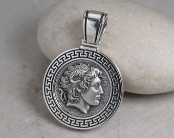 Antike griechische 24mm Runder Anhänger, Alexander der Große Halskette, Weizen Geflochtene (Spiga) Halskette, griechische Mythologie Medaillon, Sterling Silber