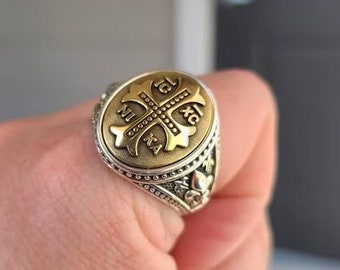 Mens Silver Signet Ring with IC XC NIKA Yellow Christian Cross Fleur De Lis Heavy Comfort Fit Sterling 925 Custom Size Available -Vartovar-