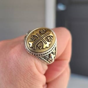 Mens Silver Signet Ring with IC XC NIKA Yellow Christian Cross Fleur De Lis Heavy Comfort Fit Sterling 925 Custom Size Available -Vartovar-