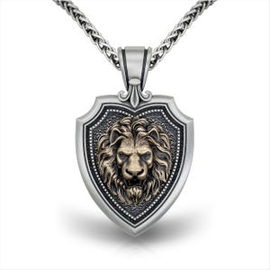 Big Shield Pendant with Lion Head and Fleur de Lis Bail, 3.5mm Wheat Braided Neck Chain, Protection and Valor Medallion, Silver 925 Necklace
