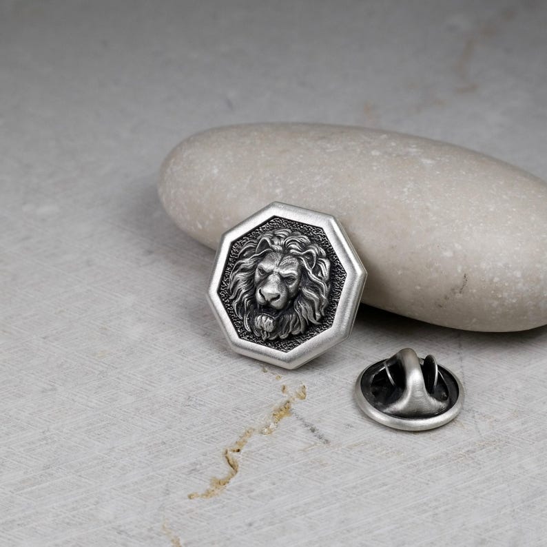 Octagon Pin Lion, Sterling Silver 925, Men's Brooch Pin, Lion Head ...