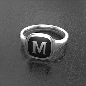 Anillo con sello de monograma en forma de cojín hecho a medida, anillo de caballero unisex personalizado con letra inicial, I, J, K, L, M, N, O, P, Q, R, S, T, U, V, W, X, Y, Z