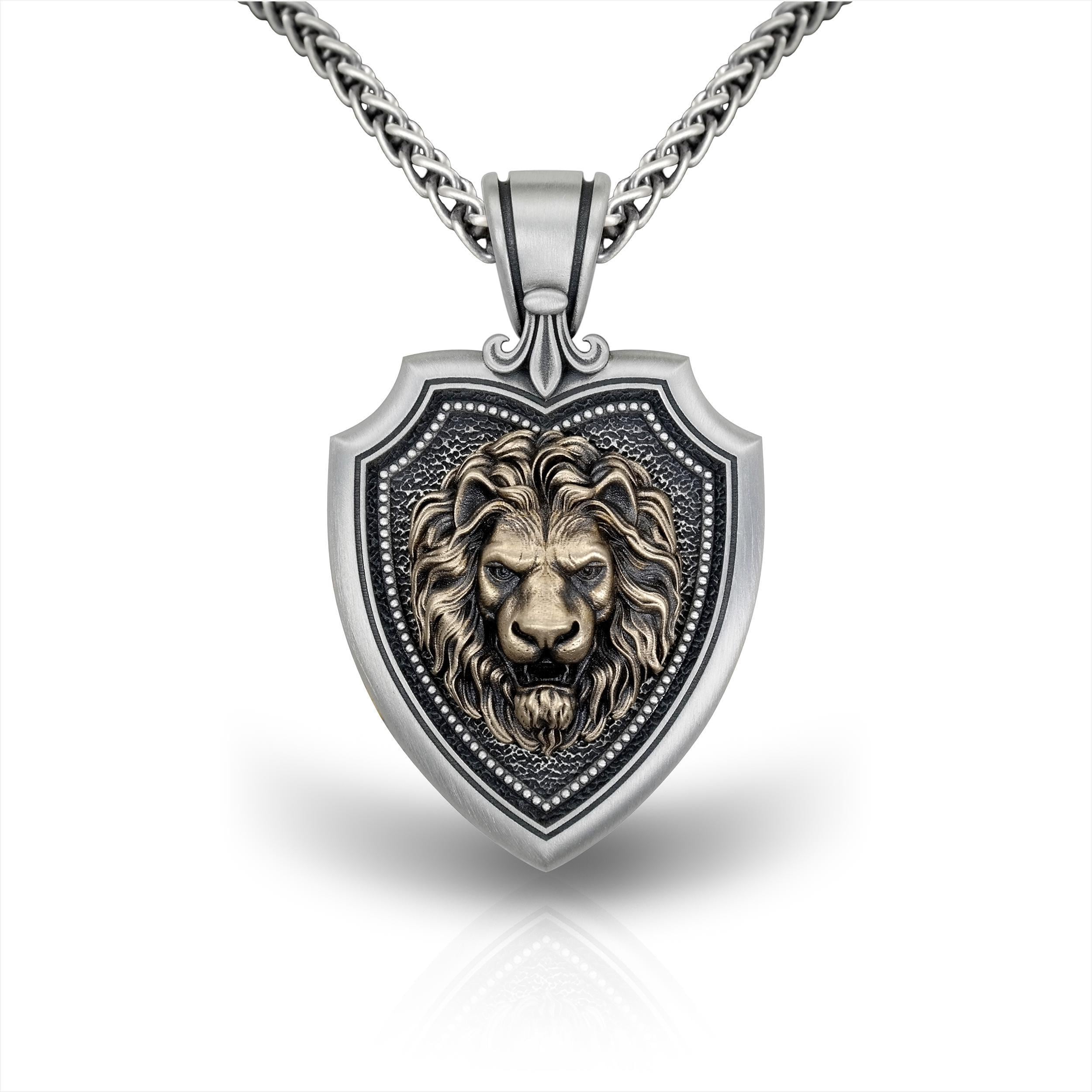 Lion Shield Necklace, 3.5mm Wheat Braided Neck Chain, Leo Zodiac