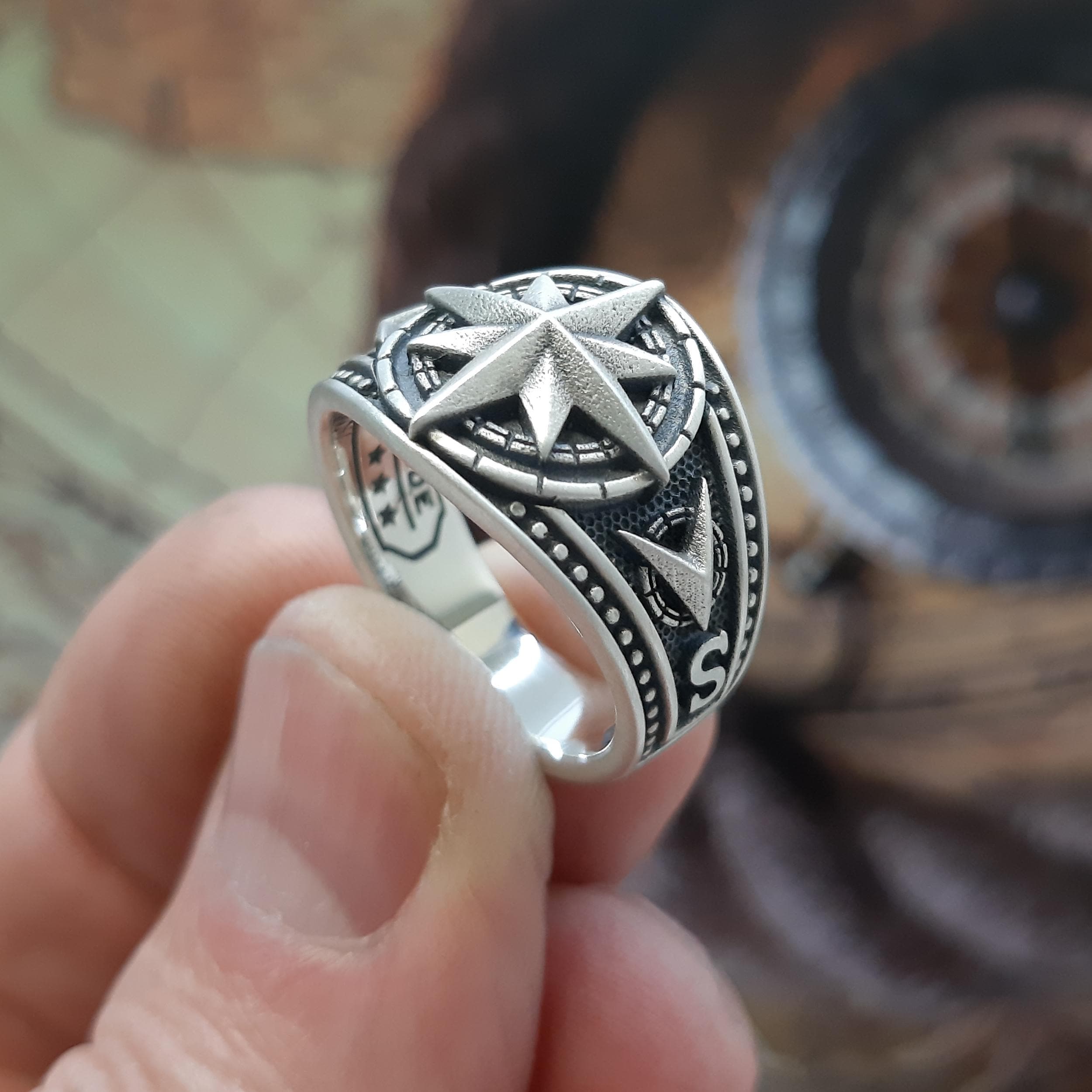 SILVER925 BIG COMPASS RING/シルバー/リング Compass Ring Silver, Wind Rose Man Band, Sterling Silver 925