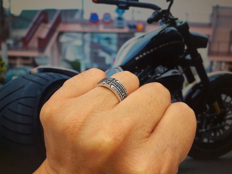 Cross Band Black White stone Men Solid Sterlig Silver 925 Ring Unisex gift for Him Husband Friends Knight Medieval Gothic Celtic Style