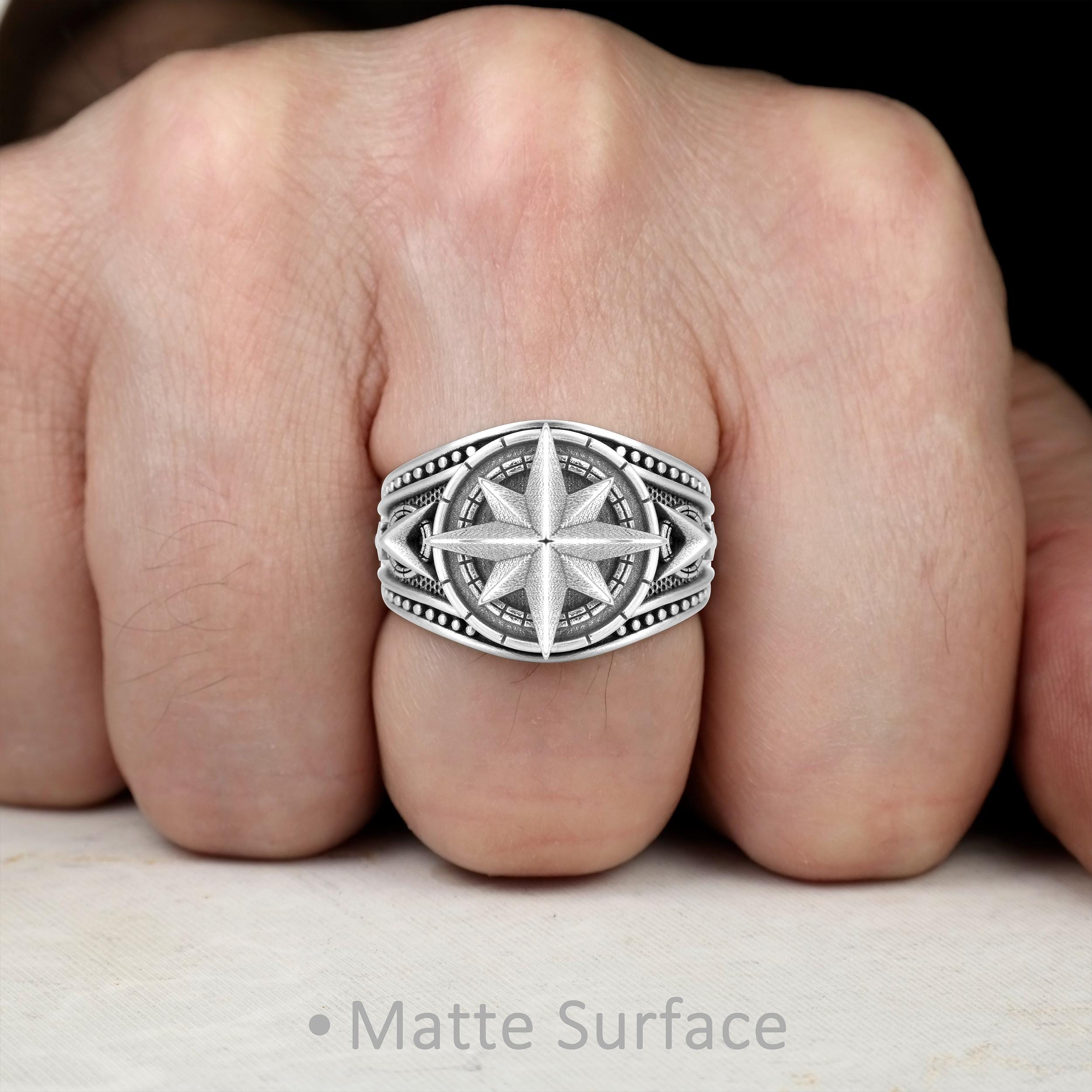 Compass Ring Silver, Wind Rose Man Band, Sterling Silver 925