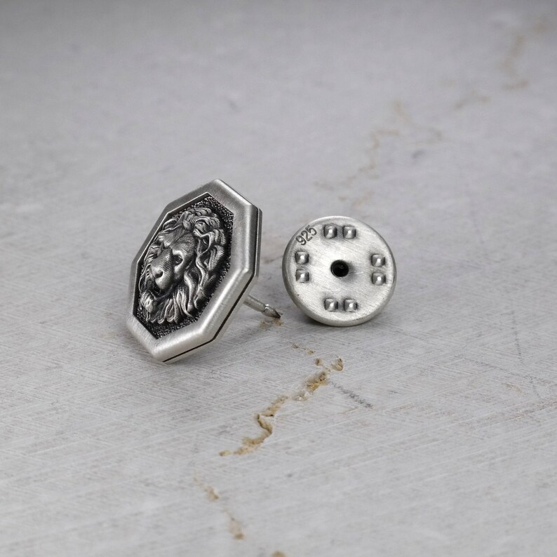 Octagon Pin Lion, Sterling Silver 925, Men's Brooch Pin, Lion Head ...