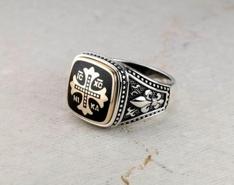 Jesus Christ Conquers Ring with IC XC NIKA, Crucifix Cross Signet Religious Orthodox Christian man's Gift for Christmas with Fleur De Lis