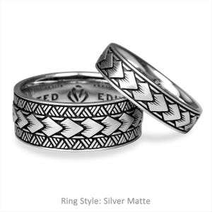 Peut inclure: Deux bagues de couleur argentée avec une finition mate, présentant un motif en chevron répété autour de la bande extérieure. L'intérieur de la bague la plus large est gravé du texte "LIMITED EDITION" et d'un logo central. Reflet métallique.