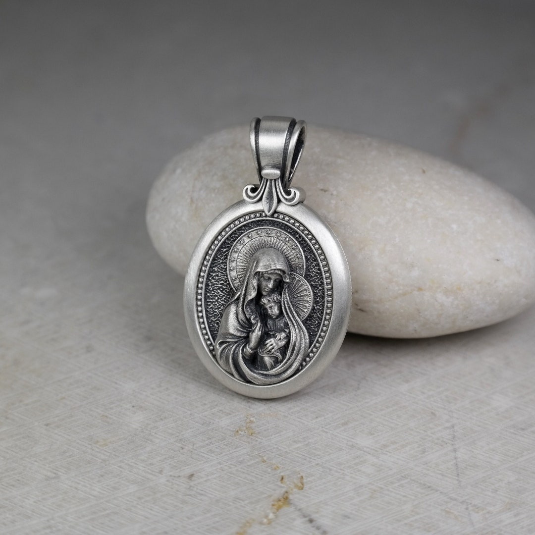 Virgin Mary Pendant With Silver and Bronze Icon, Neck Chain 2.5mm Fleur ...