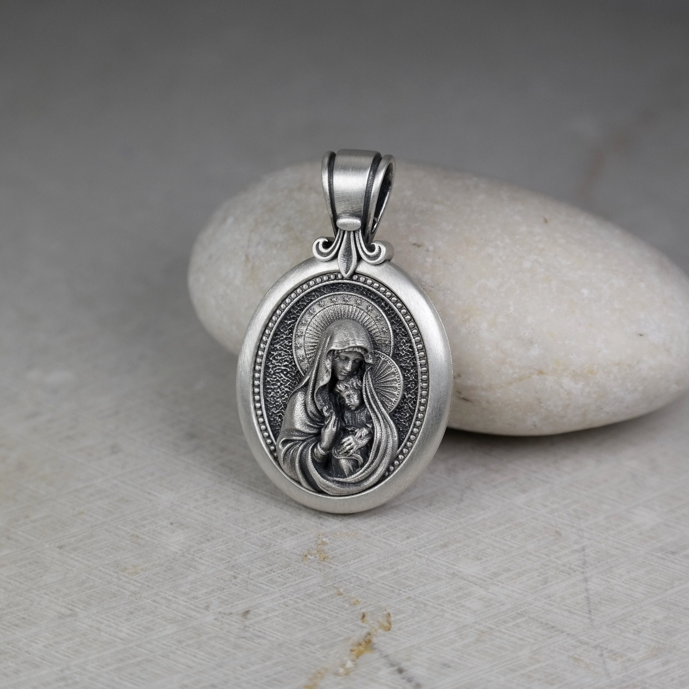 Virgin Mary Pendant With Silver and Bronze Icon, Neck Chain Virgin Mary Pendant With Silver and Bronze Icon, Neck Chain