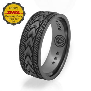 Aliança de casamento estampada, ródio negro, prata esterlina 925 genuína, samoana, flecha, maori, polinésia, tatuagem tribal, joias masculinas e femininas