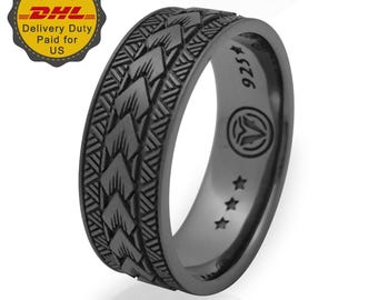Pattern Wedding Band Ring, Black Rhodium, Real Sterling Silver 925, Samoan, Arrow, Maori, Polynesian, Tribal Tattoo, Men and Women Jewelry