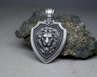 Shield Lion Head Pendant With Fleur de Lis, Braided Wheat Neck Chain 2.5mm, Sterling Silver 925 Necklace, Protection and Valor Medallion