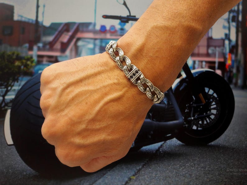 Byzantine Mens Bracelet, with Simulated Black Diamond Stones, you can choose between 15 different length sizes, Sterling Silver (photo 1)