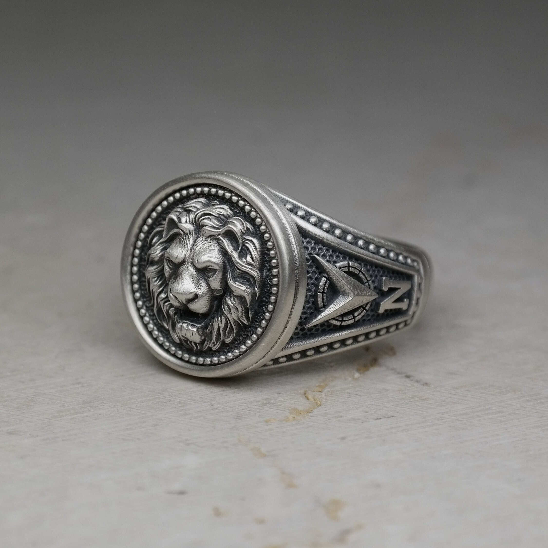 Signet Ring with Compass Design, Unisex Chevalier Round Leo Zodiac Symbol, Lion Head Bronze or Sterling Silver 925, Men's Animal North Star