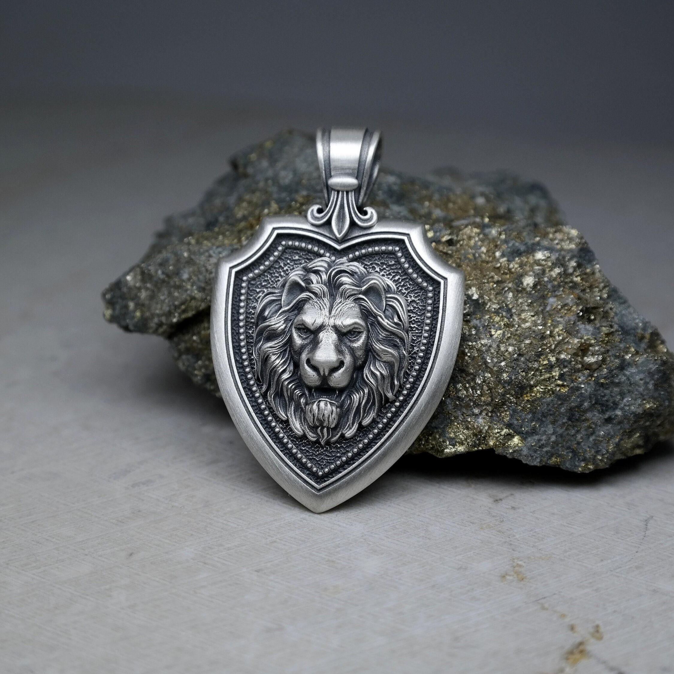 Shield Lion Head Pendant With Fleur de Lis, Braided Wheat Neck Chain 2.5mm, Sterling Silver 925 Necklace, Protection and Valor Medallion