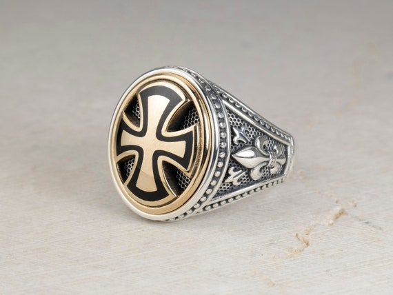 Maltese Cross Fleur De Lis Signet Man Ring Oxidized Sterling - Etsy