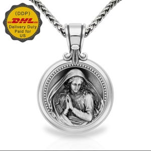 Virgin Mary Pendant with Silver and Bronze Icon, Neck Chain 2.5mm Fleur de Lis, 21mm Round Christian Medallion, Sterling Silver 925