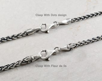 3MM Wheat Braided Chain, Fleur De Lis, Italy Best Spiga Clasp Necklace, Men Women Unisex 2.5MM Silver 925 Man Neck Chain, Gift for him