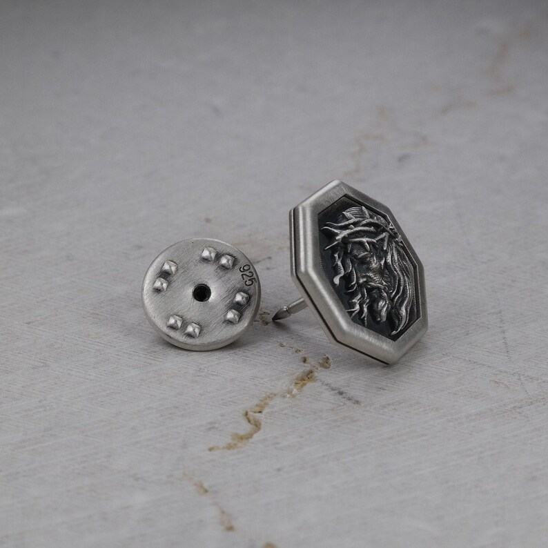 Octagon Pin Jesus Christ, Sterling Silver 925, Men's Brooch Pin, Jesus ...