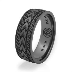 Pattern Wedding Band Ring, Black Rhodium, Real Sterling Silver 925, Samoan, Arrow, Maori, Polynesian, Tribal Tattoo, Men and Women Jewelry