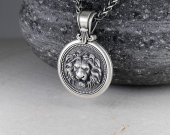 30mm Round Lion Head Pendant With Fleur de Lis, Braided Wheat Neck Chain 3mm 4mm Spiga Necklace, Sterling Silver 925 Men's best Medallion