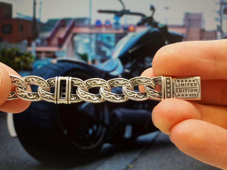 Miami Cuban Link Mens Bracelet, with Simulated Black Diamond Stones, you can choose between 15 different length sizes, Sterling Silver (photo 6)