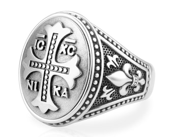 Jesus Christ Conquers Ring with IC XC NIKA, Crucifix Cross Signet man's Rings with Fleur De Lis, Christmas Gift for Christian churchman’s