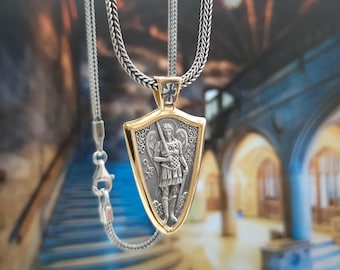 Shield Saint Michael, Sterling Silver 925 (Gold Plated) Necklace, Christian Archangel Medallion, St Michael Commander of God's,
