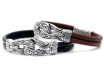 Two Rows Leather Men’s Bracelet, Gothic Medieval style Engraved 925 Sterling Silver Bracelet, Black Brown Double Link Bracelet,5 star rating