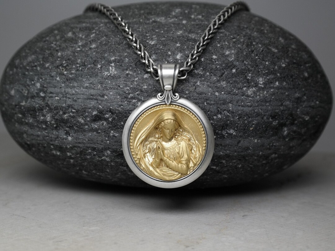 Virgin Mary Silver Pendant With Gold Plated Icon, 3.5mm Braided Wheat ...
