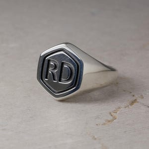 Custom Made Hexagon Shape Alphabet Signet Ring, Personalized Initial Letter Unisex Ring, J,K,L,M,N,O,P,Q,R,S,T,U,V,W,X,Y,Z