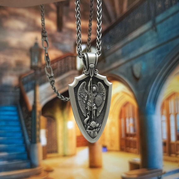 Saint Michael Necklace, 2.5mm Spiga Neck Chain, St Michael Commander of God's Armies, Shield Archangel Medallion Silver 925, Gift