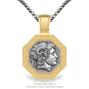 Alexander der Große Münze Anhänger Griechischer Schlüssel Halskette mit Silber Weizen Kette 23 mm Antike Makedonien Vergina Sun & Gold Plated Meander Schmuck
