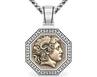 Alexander the Great of Macedon Pendant + Braided Wheat Neck Chain 2.5mm,Ancient Greek Mythology Necklace, Sterling Silver 925 unisex Jewelry