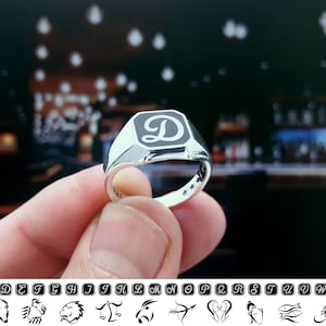 Anillo con sello del alfabeto en forma de octágono hecho a medida, anillo unisex con monograma personalizado para el meñique, A, B, C, D, E, F, G, H, I, J, K, L, M, N, O, P, Q