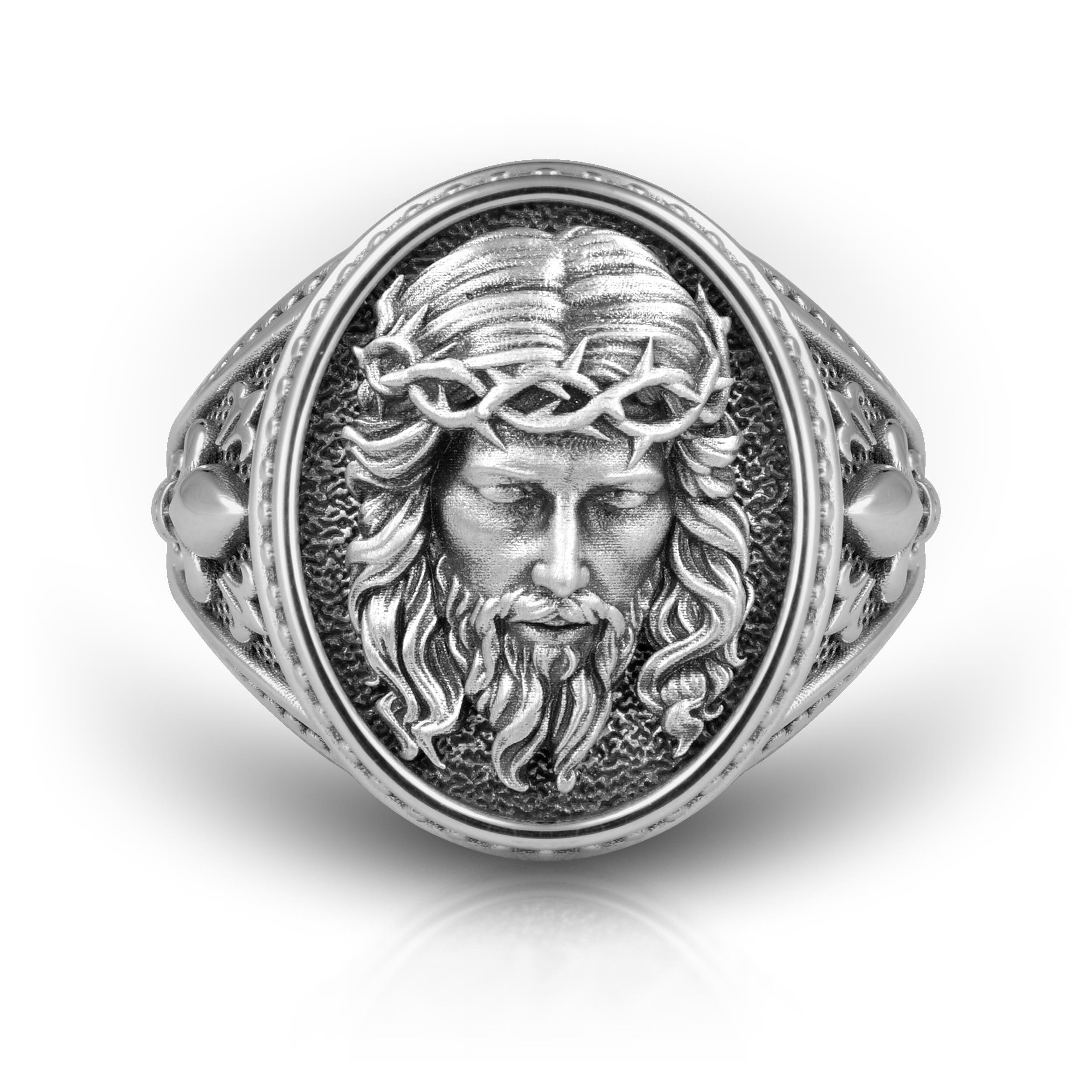 Bague tête de lion clé Grecque Acier Noir Argent Diamant