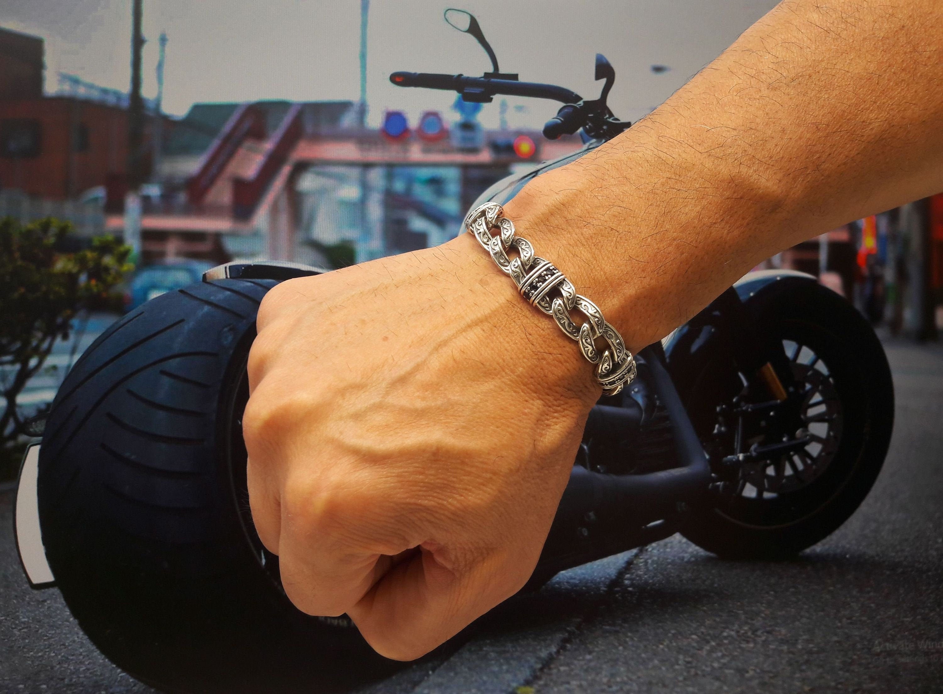 Men Heavy Bracelet With Black Zircon Stones, Real Sterling Men Heavy Bracelet With Black Zircon Stones, Real Sterling
