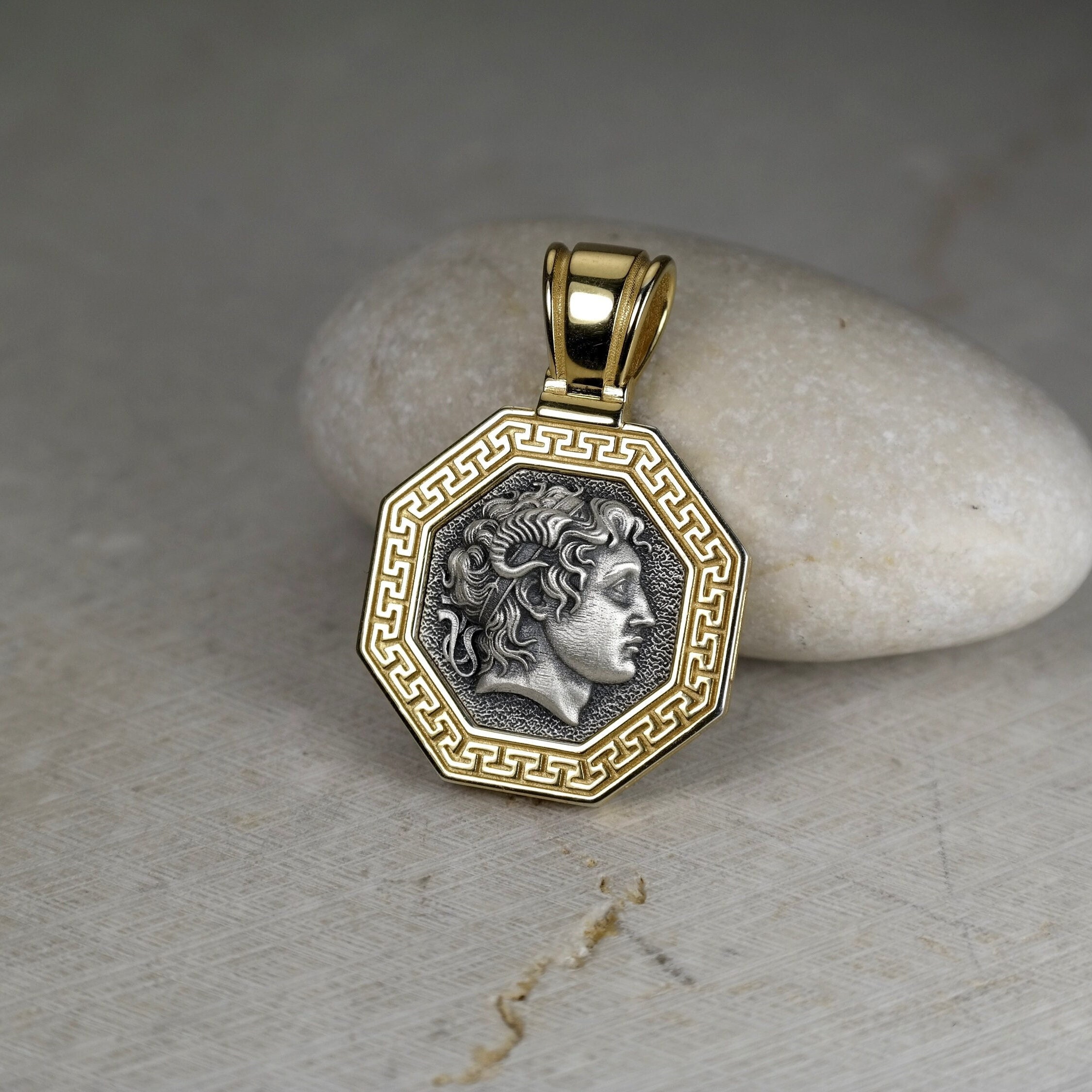 23mm Alexander the Great of Macedon Gold Plated Pendant, Greek Pattern Necklace, 2.5mm Spiga Chain, Ancient Mythology, Sterling Silver 925