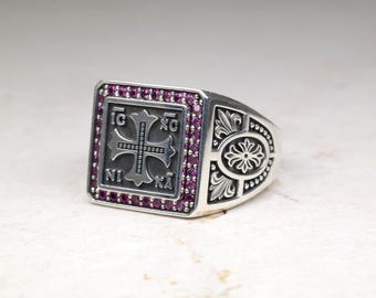 Byzantine Cross IC XC NIKA Signet Mens Ring with Fleur de Lis design, Square Chevalier Black White Red Blue Gemstone, Real Sterling Silver