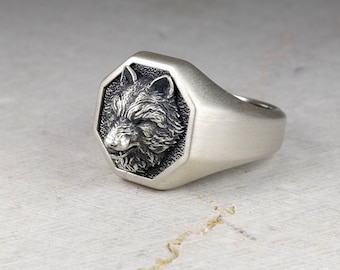 Alpha Wolf Men Ring, 3D Wolf Head Signet Ring,  Sterling Silver 925,  Gift For Him, Animal Jewelry, Memorial Gift, Octagon Pinky Ring