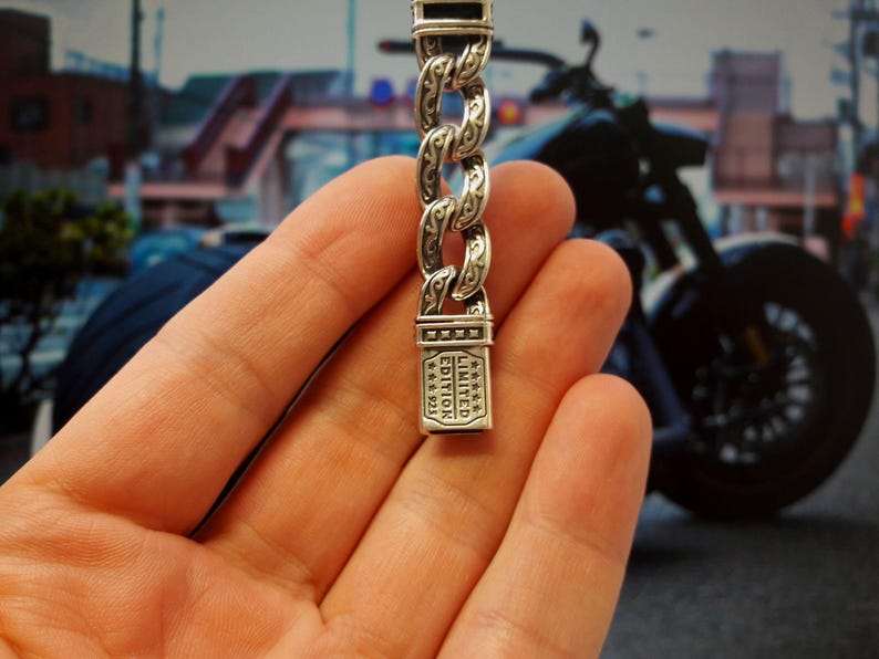 Miami Cuban Link Mens Bracelet, with Simulated Black Diamond Stones, you can choose between 15 different length sizes, Sterling Silver (photo 7)