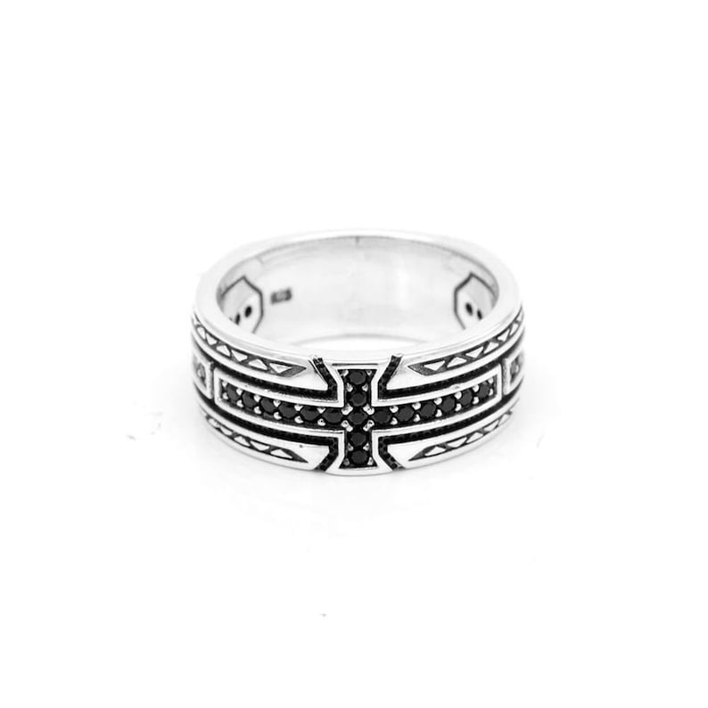 Cross Band Black White stone Men Solid Sterlig Silver 925 Ring Unisex gift for Him Husband Friends Knight Medieval Gothic Celtic Style