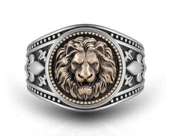 Men's Signet Ring with Bronze Lion Head, Fleur De Lis Band Ring, Leo Zodiac Sign, Leo Astrology, Roaring Lion King of the Jungle, Silver 925