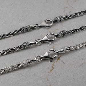 4.2mm Spiga Chain Oxidized Sterling Silver 925, Clasp Hook With Dots or Fleur De Lis Design All Lengths, Braided Wheat Man Chain, Gift for
