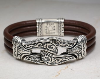 3 rows Leather bracelet, Man Silver Bracelet, Gothic Bracelet, Medieval Bracelet, Man Link Bracelet, Man Leather Bracelet, Sterling Bracelet