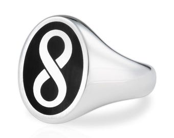 Infinity ring for men, Number 8 Personalized Initial signet rings unisex pinky finger, comfort Oval shape & black background monogram letter