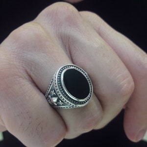Signet Ring with Black Onyx Stone, Oval Shape Chevalier with Fleur De Lis Design, Real Sterling Silver 925, Men Jewelry Accessories